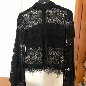 High Neck Black Lace Shirt with Flare Arms
